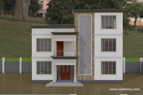 a white and brown building with a brick wall