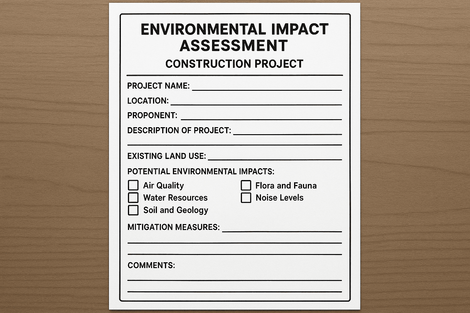 Environmental impact assessment form fora construction project
